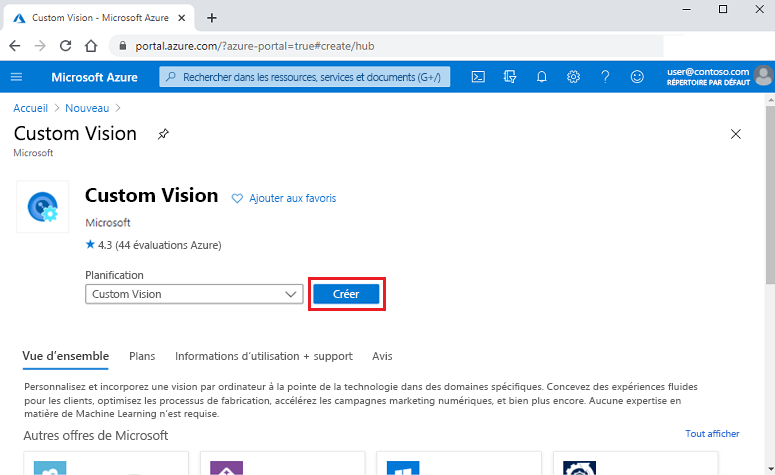 Capture d’écran montrant la recherche de modèles de ressources Custom Vision dans le portail Azure.