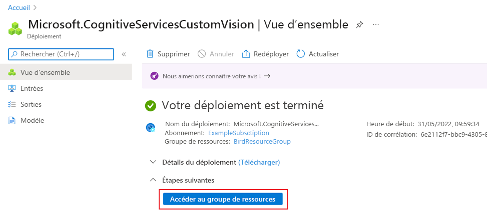 Capture d’écran montrant la page du déploiement terminé dans le portail Azure, avec le bouton Accéder à la ressource en surbrillance.