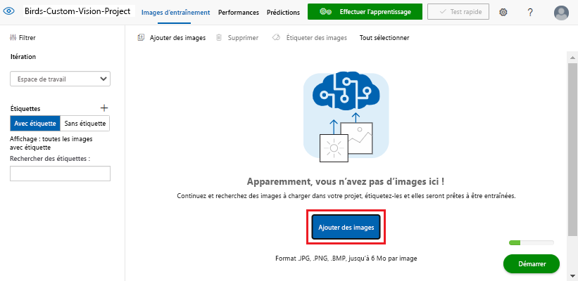 Capture d’écran mettant en surbrillance le bouton Ajouter des images dans un projet Custom Vision.