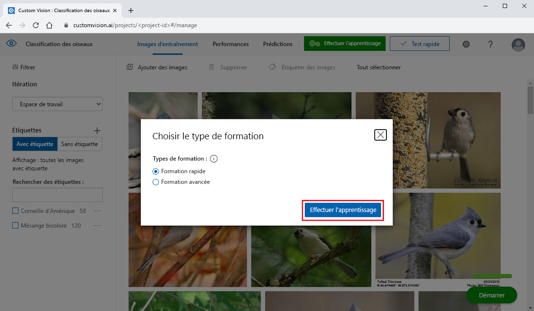 Capture d’écran montrant comment créer une itération d’entraînement rapide dans le portail Custom Vision.