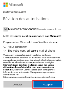 Capture d’écran montrant le bac à sable, avec les détails des autorisations et le bouton Accepter en surbrillance.