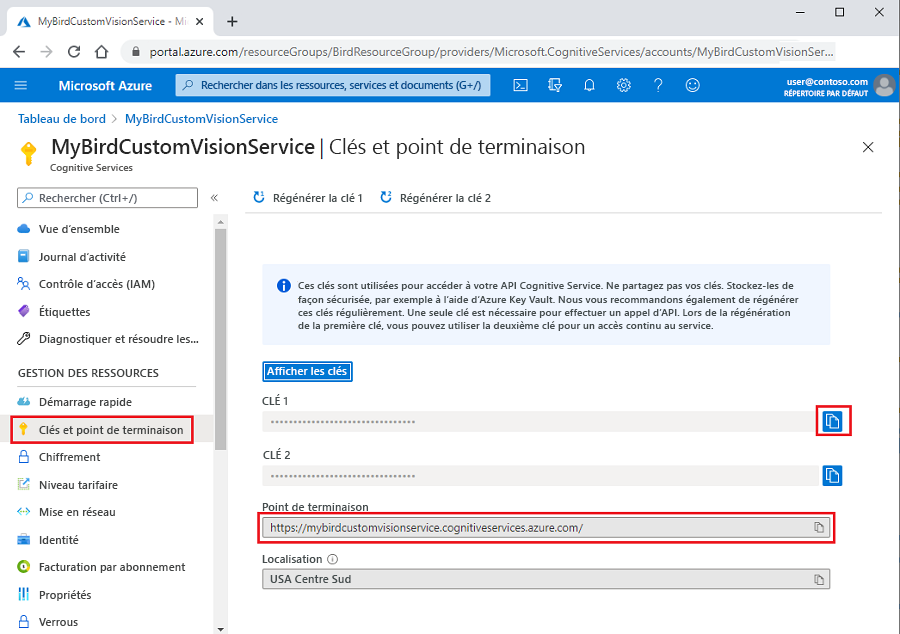 Capture d’écran mettant en surbrillance les valeurs des points de terminaison et des clés d’une ressource Custom Vision dans le portail Azure.