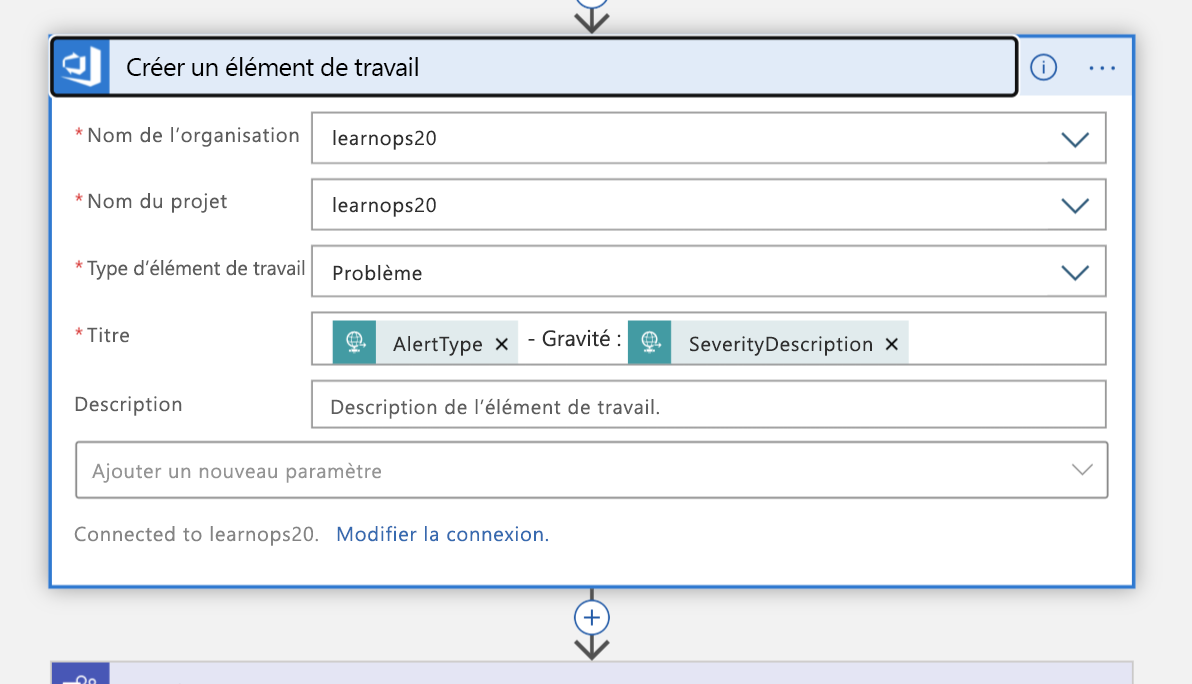 Screenshot of the Create a work item block in Logic App Designer view of the Logic App.