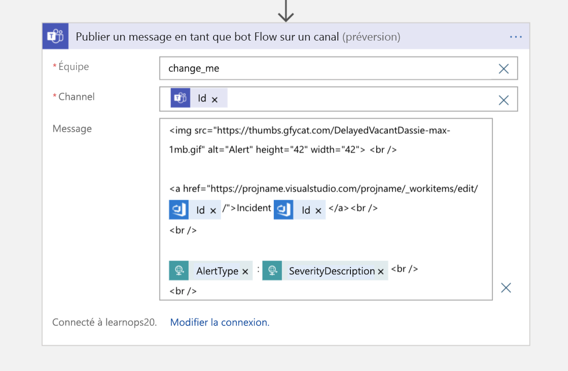 Screenshot of the Post a message as the Flow bot channel block in Logic App Designer view of the Logic App.