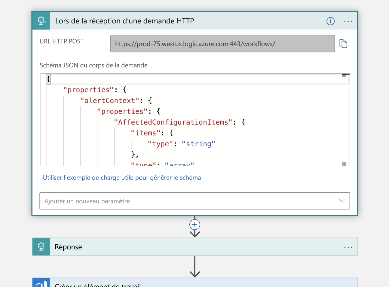 Screenshot of the HTTP and Response block in Logic App Designer view of the Logic App.