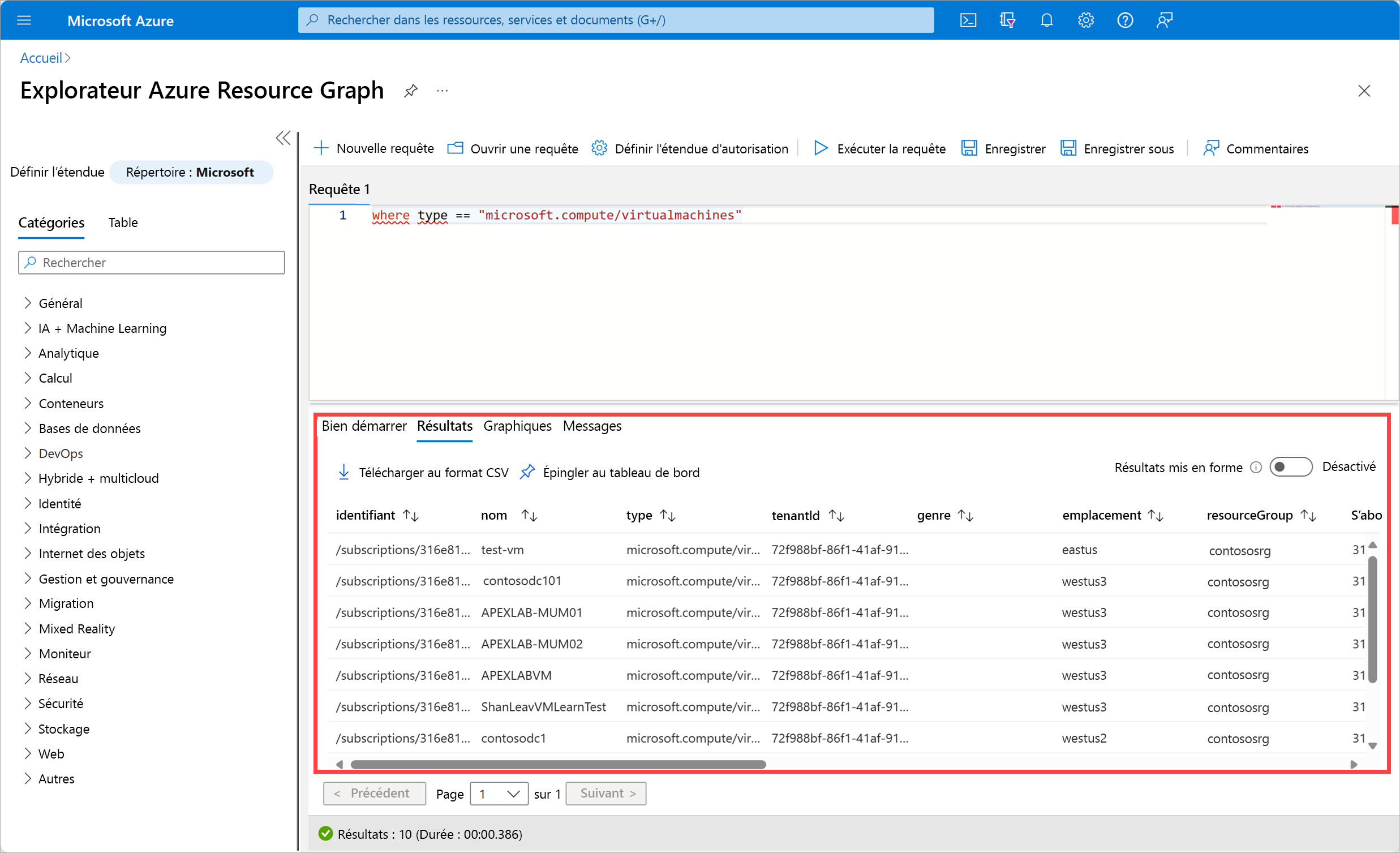 Resource graph panel in the Azure portal with results of query showing table of results.