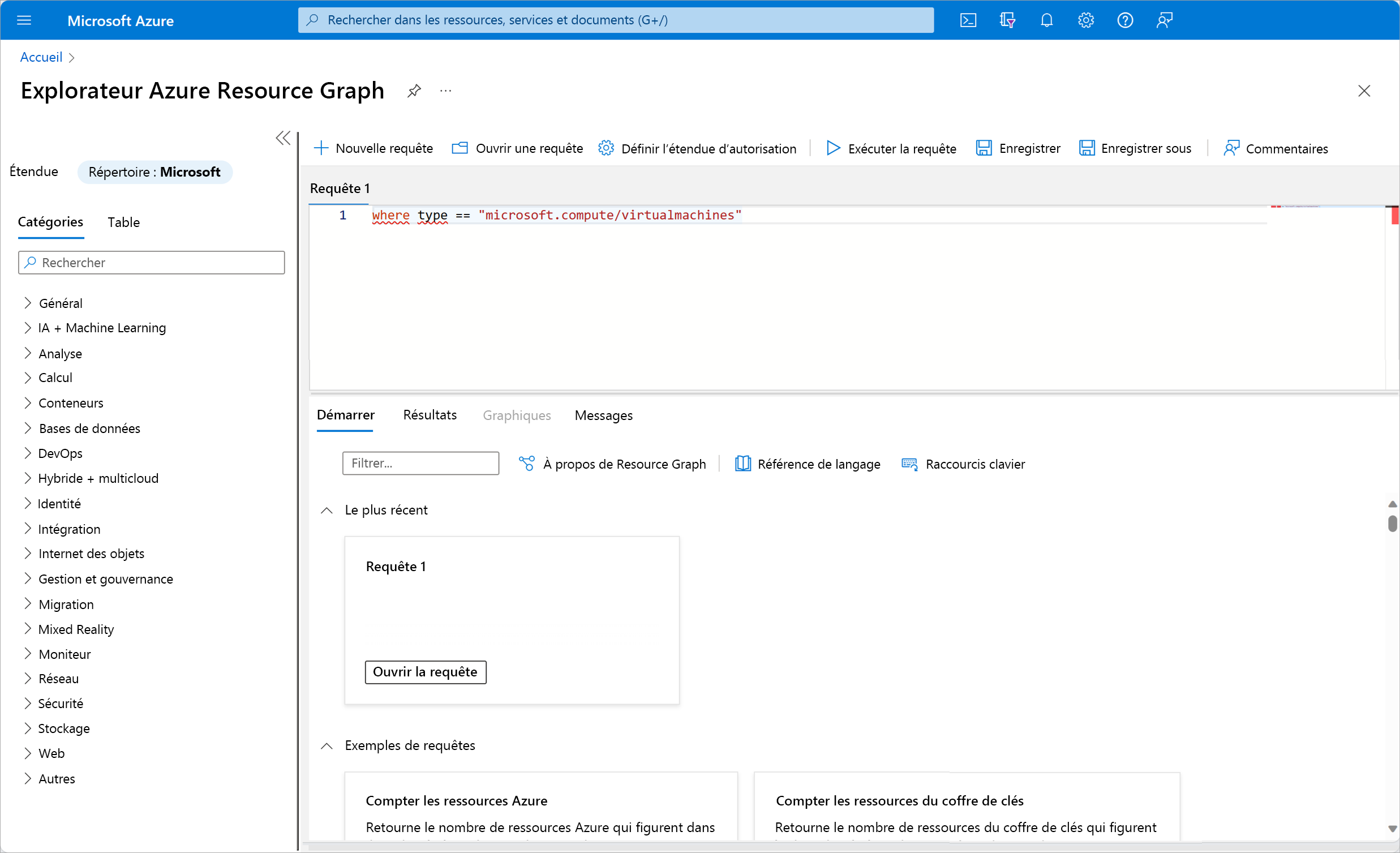 Resource graph panel in Azure portal with the query of where type == microsoft.compute/virtualmachines