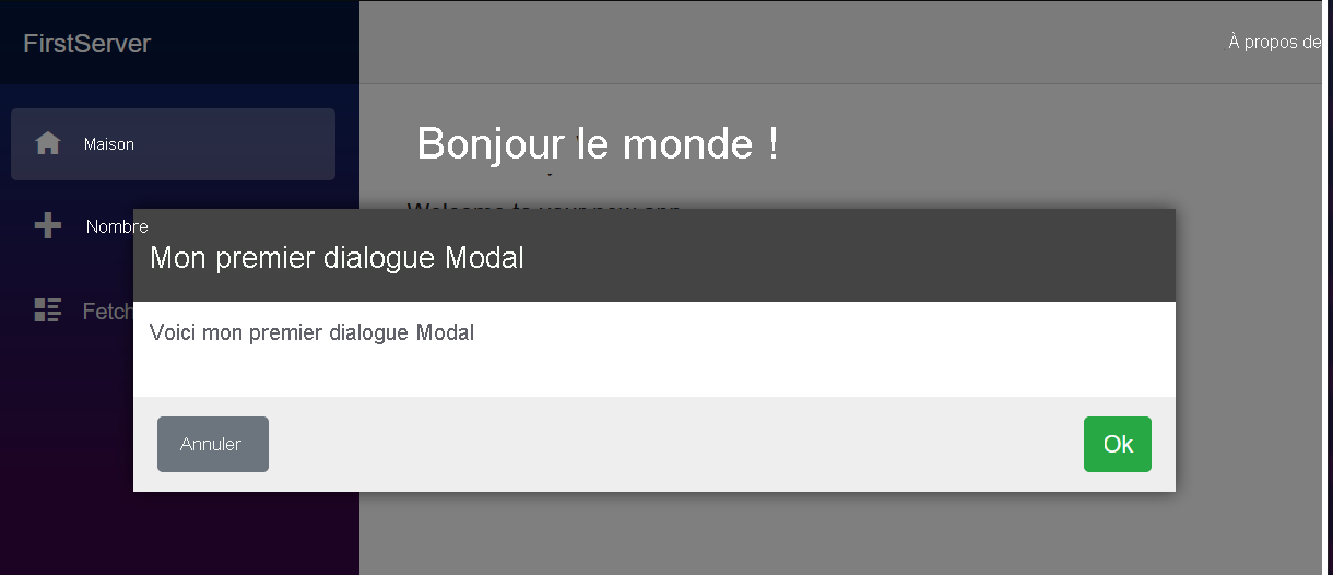 Capture d’écran de la boîte de dialogue modale à créer dans l’application de modèle Blazor standard.