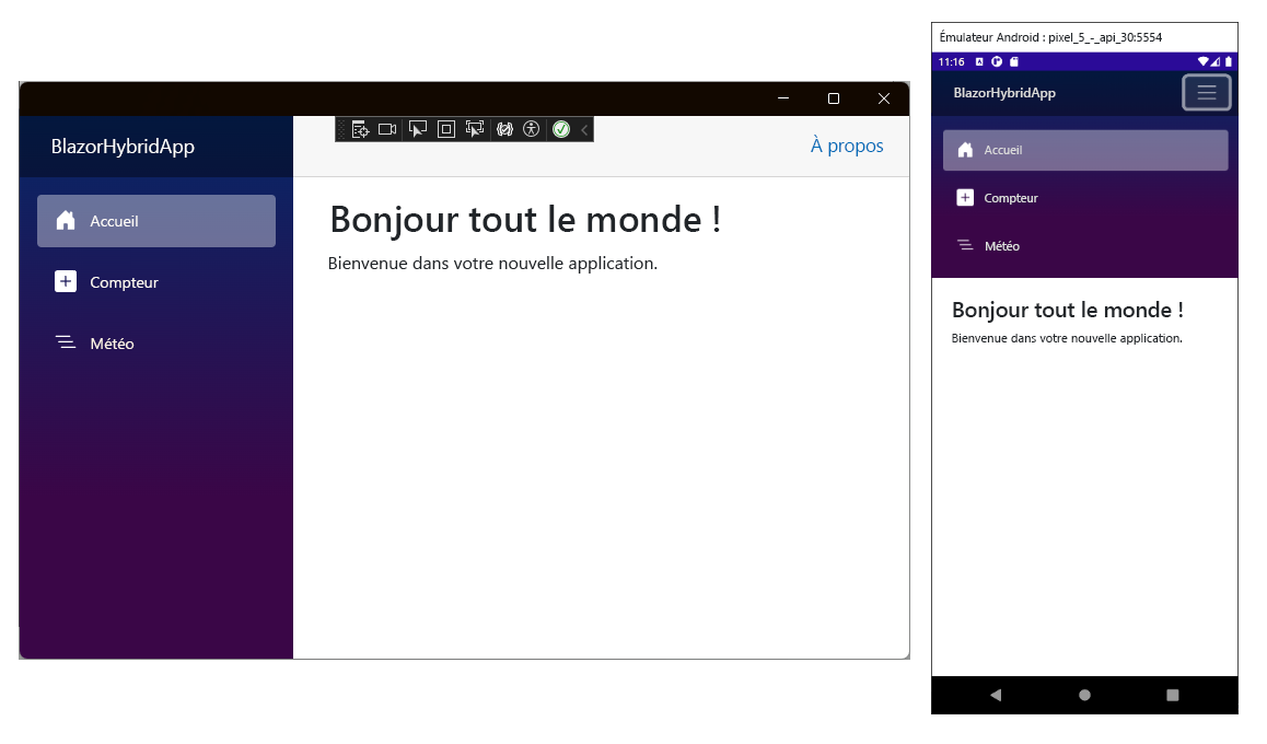 Capture d’écran de l’application Blazor Hybrid par défaut s’exécutant sur Windows et Android.