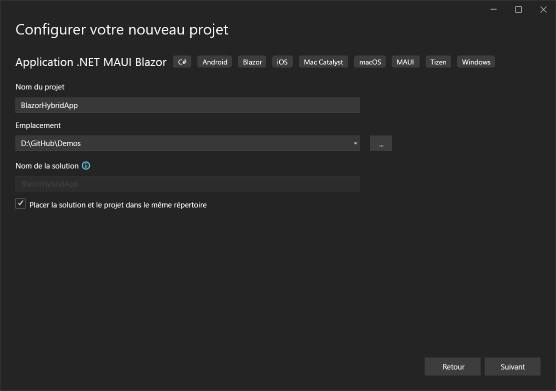 Capture d’écran de l’écran Configurer votre projet de Visual Studio 2022 et paramètres recommandés de l’étape 3.