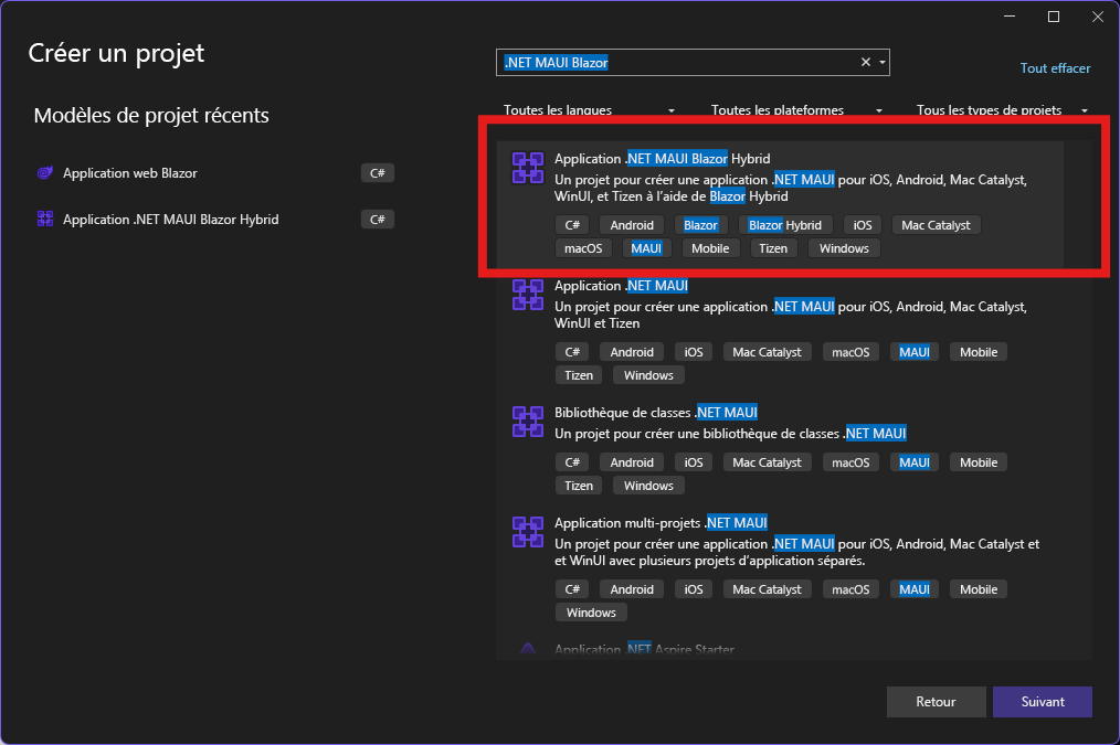 Capture d’écran de l’écran Créer un nouveau projet de Visual Studio 2022 et du modèle d’application .NET MAUI Blazor.