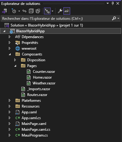 Capture d’écran de l’Explorateur de solutions Visual Studio 2022 avec une liste des fichiers dans un projet Blazor .NET MAUI par défaut.