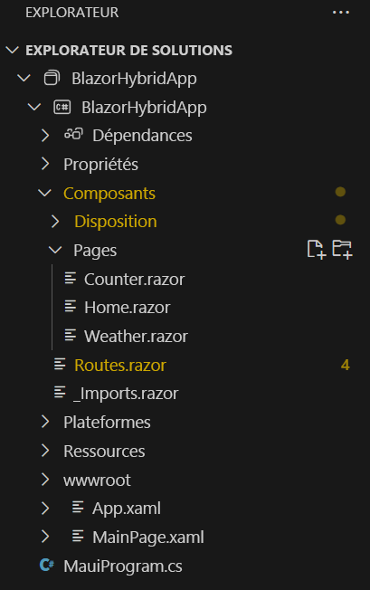 Capture d’écran montrant l’Explorateur de solutions Visual Studio Code avec une liste de fichiers dans un projet Blazor .NET MAUI par défaut.