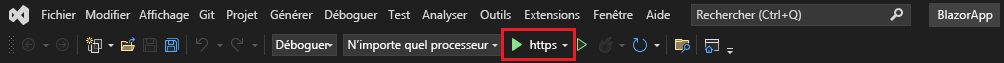 Capture d’écran de Déboguer (barre d’outils) dans Visual Studio avec le bouton Démarrer le débogage mis en surbrillance.