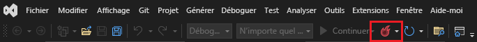 Capture d’écran de Déboguer (barre d’outils) dans Visual Studio avec le bouton Rechargement à chaud mis en surbrillance.