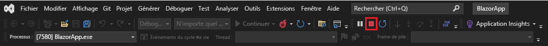 Capture d’écran de Déboguer (barre d’outils) dans Visual Studio avec le bouton Arrêter le débogage mis en surbrillance.