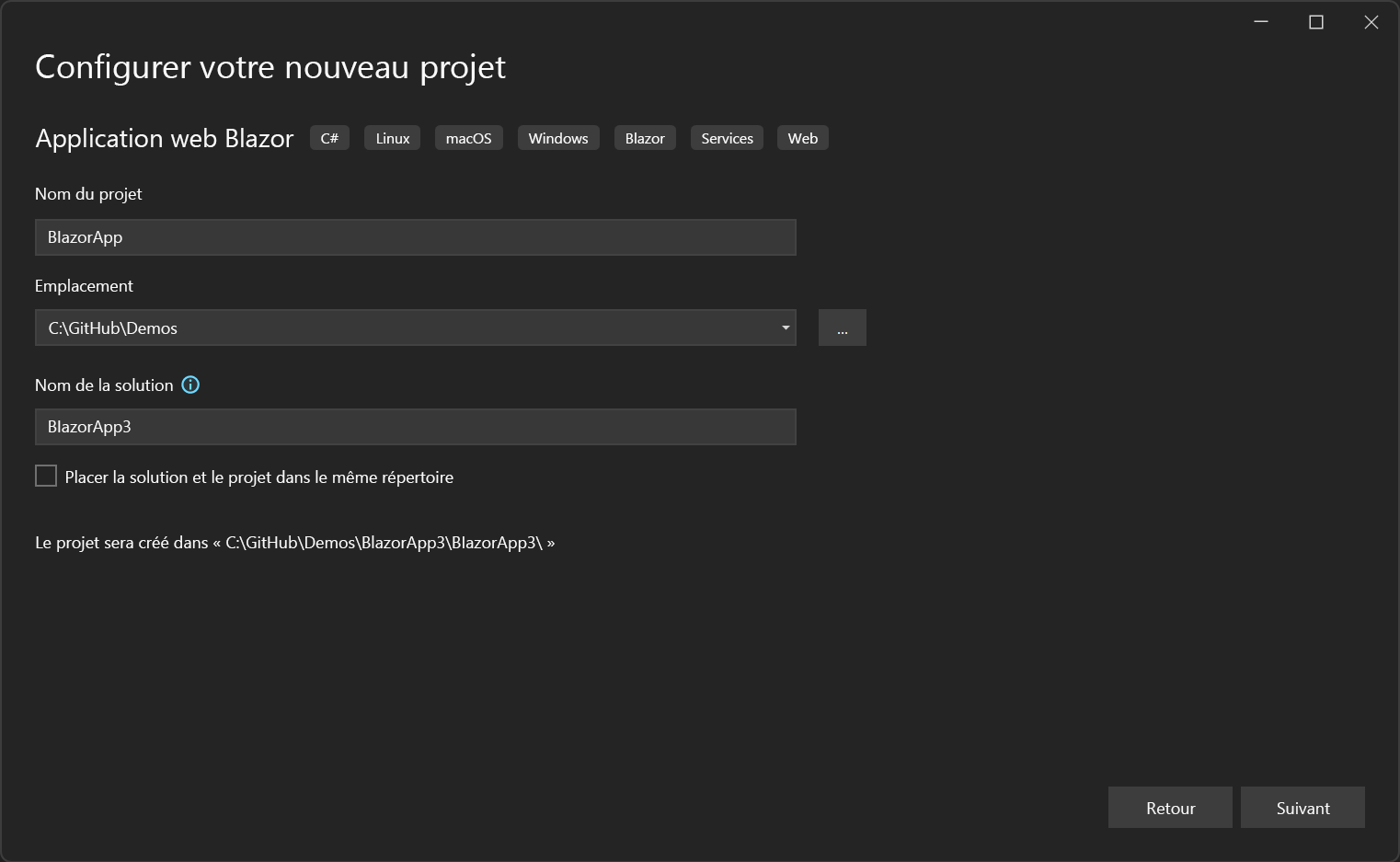 Capture d’écran de l’écran « Configurer votre projet » de Visual Studio 2022 et paramètres recommandés de l’étape 3.