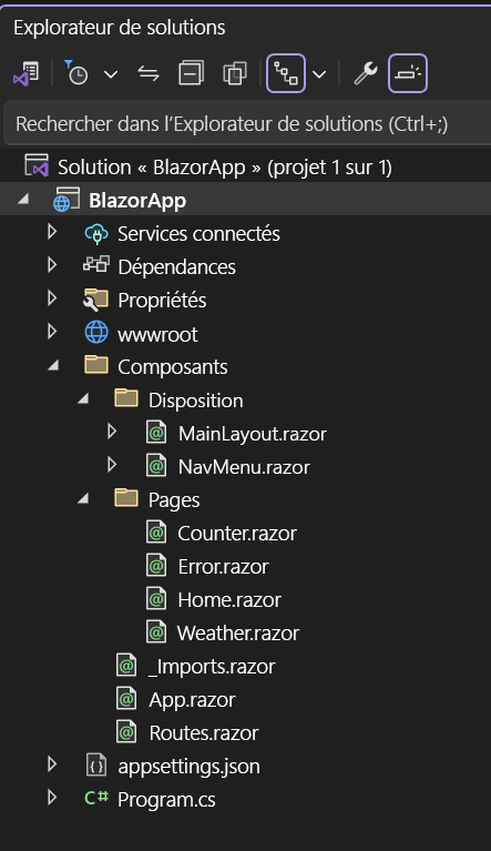 Capture d’écran de l’Explorateur de solutions Visual Studio 2022 avec une liste des fichiers d’un projet Blazor par défaut.