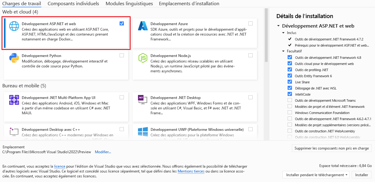 Capture d’écran de la sélection de la charge de travail ASP.NET et de développement web dans le programme d’installation de Visual Studio.