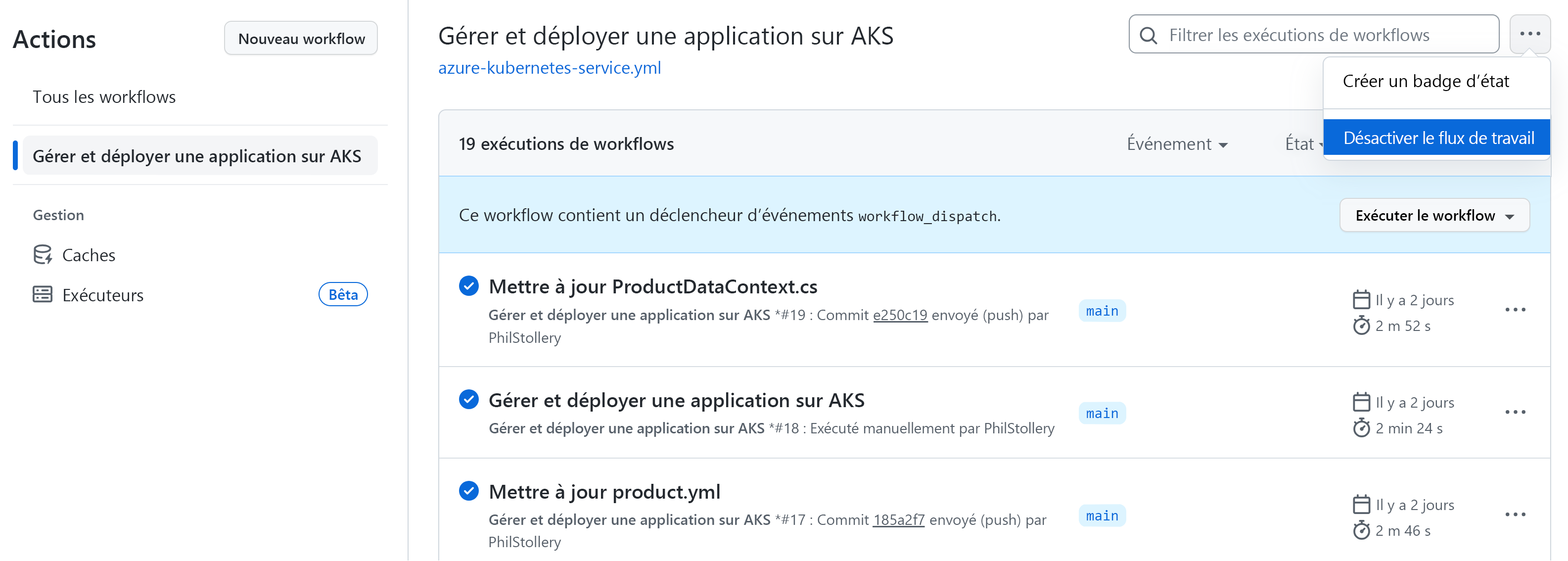 A screenshot showing the Disabled workflow menu option for a GitHub Action workflow.