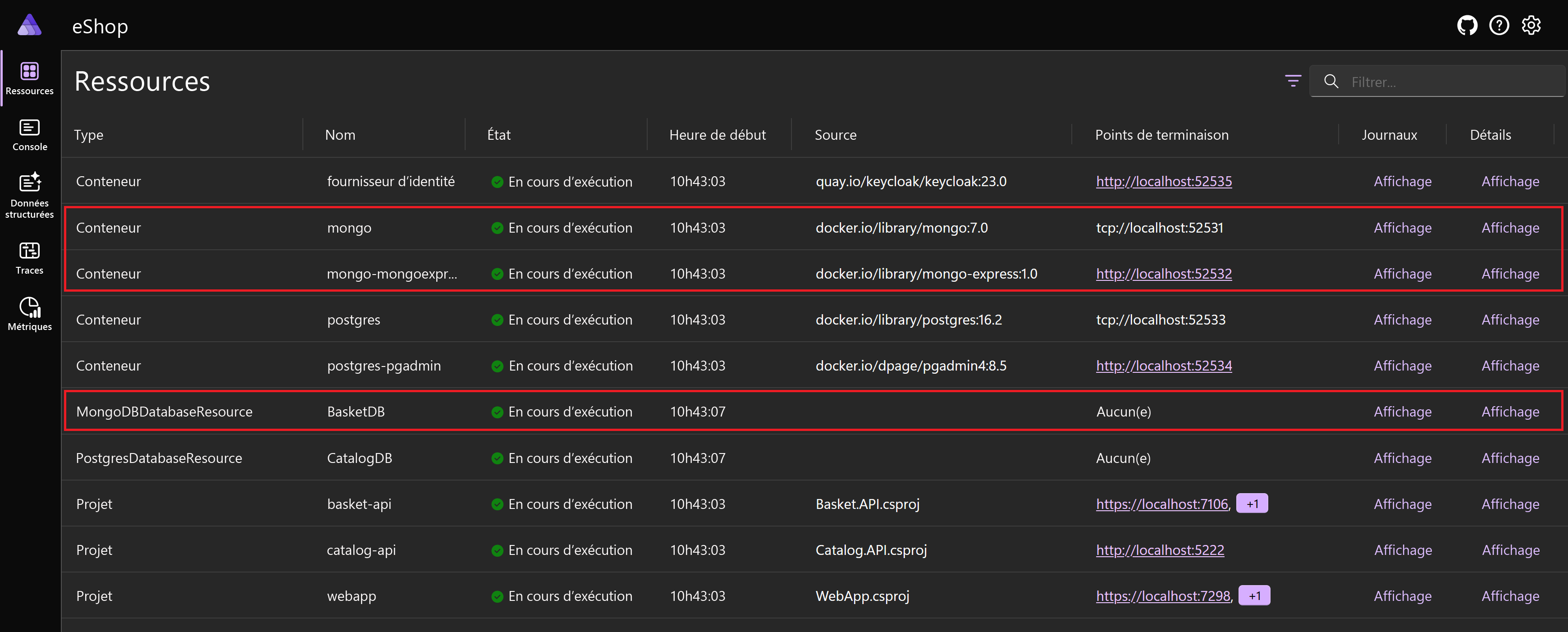 Capture d’écran du tableau de bord .NET Aspire, avec les conteneurs MongoDB mis en surbrillance.