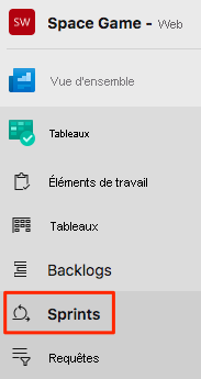 Capture d’écran d’Azure DevOps montrant l’emplacement du menu Sprints.