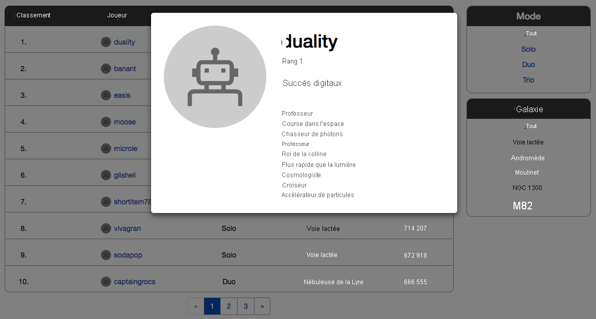 Capture d’écran d’un navigateur web montrant le leaderboard de Space Game.