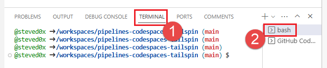 Capture d’écran de la fenêtre de terminal dans l’éditeur en ligne de Visual Studio Code. 