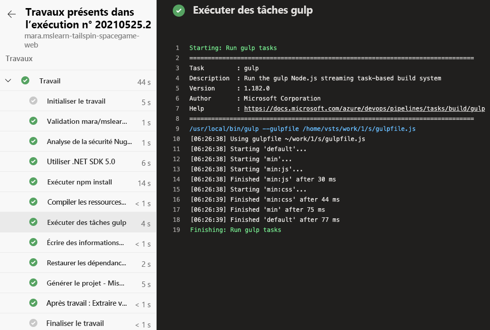 Capture d’écran d’Azure Pipelines montrant la liste complète des tâches de génération. La tâche Exécuter les tâches gulp est sélectionnée.