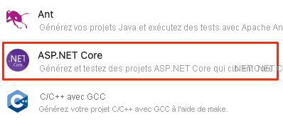 Capture d’écran de la recherche d’ASP.NET Core dans la liste des types d’application fournis.