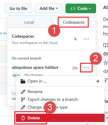 Capture d’écran de la suppression d’un codespace. 