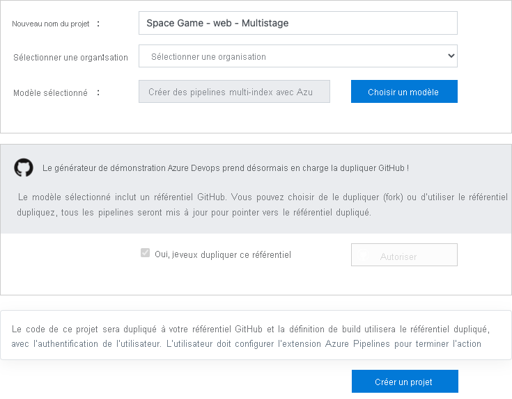 A screenshot of the Azure DevOps Demo Generator showing the process for creating the project.