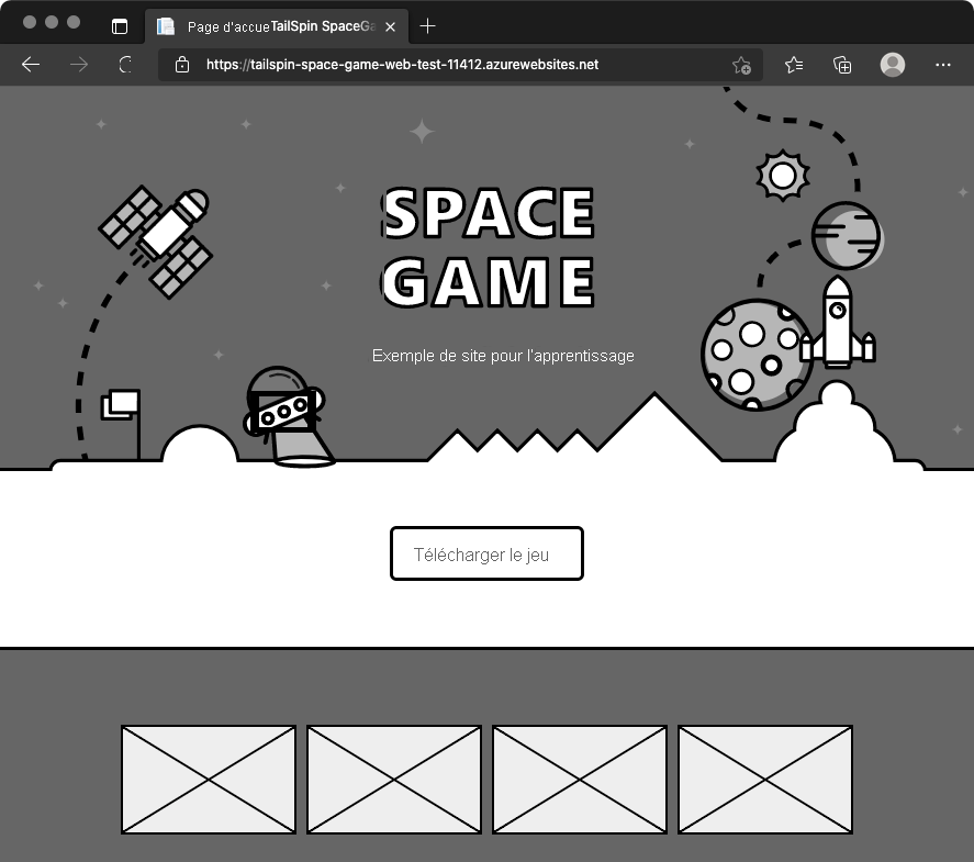 A screenshot of a web browser showing the Space Game website in the Test environment.