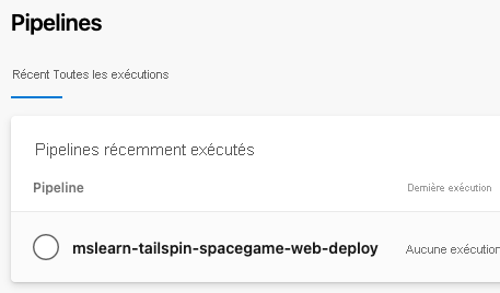 Screenshot of Azure Pipelines showing the pipeline for this project. The pipeline has no runs.