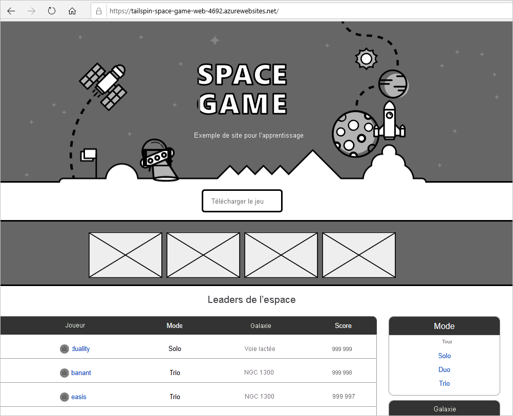 Capture d'écran du site web de Space Game.