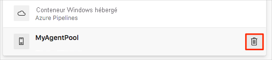 Capture d’écran d’Azure DevOps montrant l’emplacement où supprimer l’agent du pool d’agents.