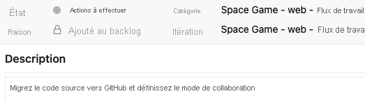 Capture d’écran d’Azure Boards montrant les détails d’élément de travail pour le problème Créer un workflow basé sur Git.