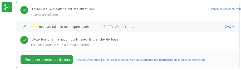 Capture d’écran de GitHub montrant des vérifications de build réussies dans Azure Pipelines.