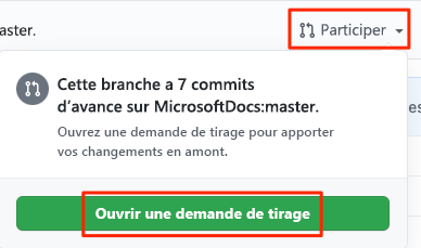 Capture d’écran de GitHub montrant l’emplacement du bouton Open pull request.