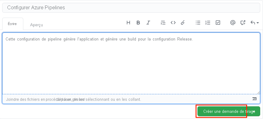 Capture d’écran de GitHub montrant la description de la requête de tirage et l’emplacement du bouton Create pull request.