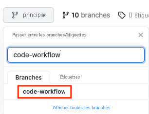 Capture d’écran de GitHub montrant comment sélectionner la branche dans le menu déroulant.