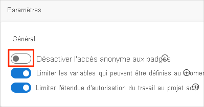 Capture d’écran d’Azure DevOps montrant comment désactiver l’accès anonyme aux badges.