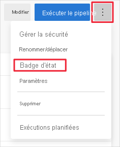 Capture d’écran d’Azure Pipelines montrant le menu des options pour définir le badge de build.