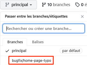 Capture d’écran de GitHub montrant la branche récemment envoyée (push).