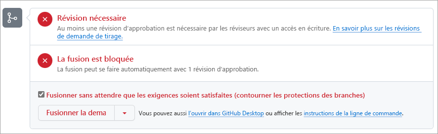 Capture d’écran d’une demande de tirage sur GitHub montrant qu’une révision est nécessaire pour la fusion.