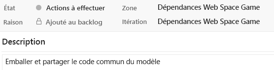 Capture d’écran d’Azure Boards montrant les détails d’élément de travail du problème Déplacer les données du modèle vers son propre package.