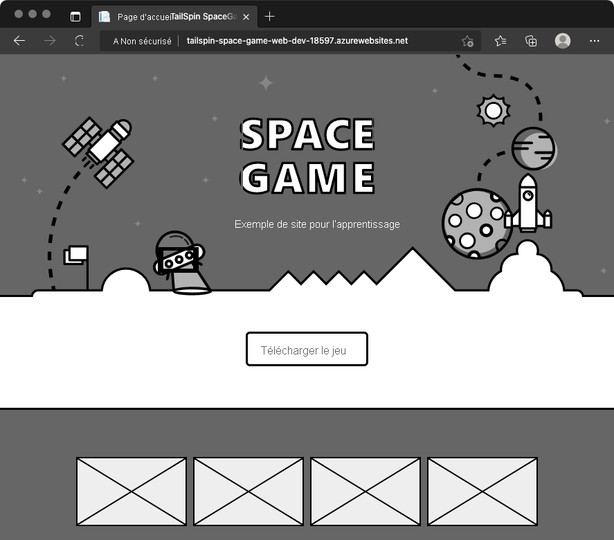 Screenshot of a browser that shows the Space Game website in the Dev environment.