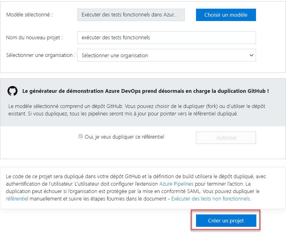 Screenshot of Creating a project through the Azure DevOps Demo Generator.