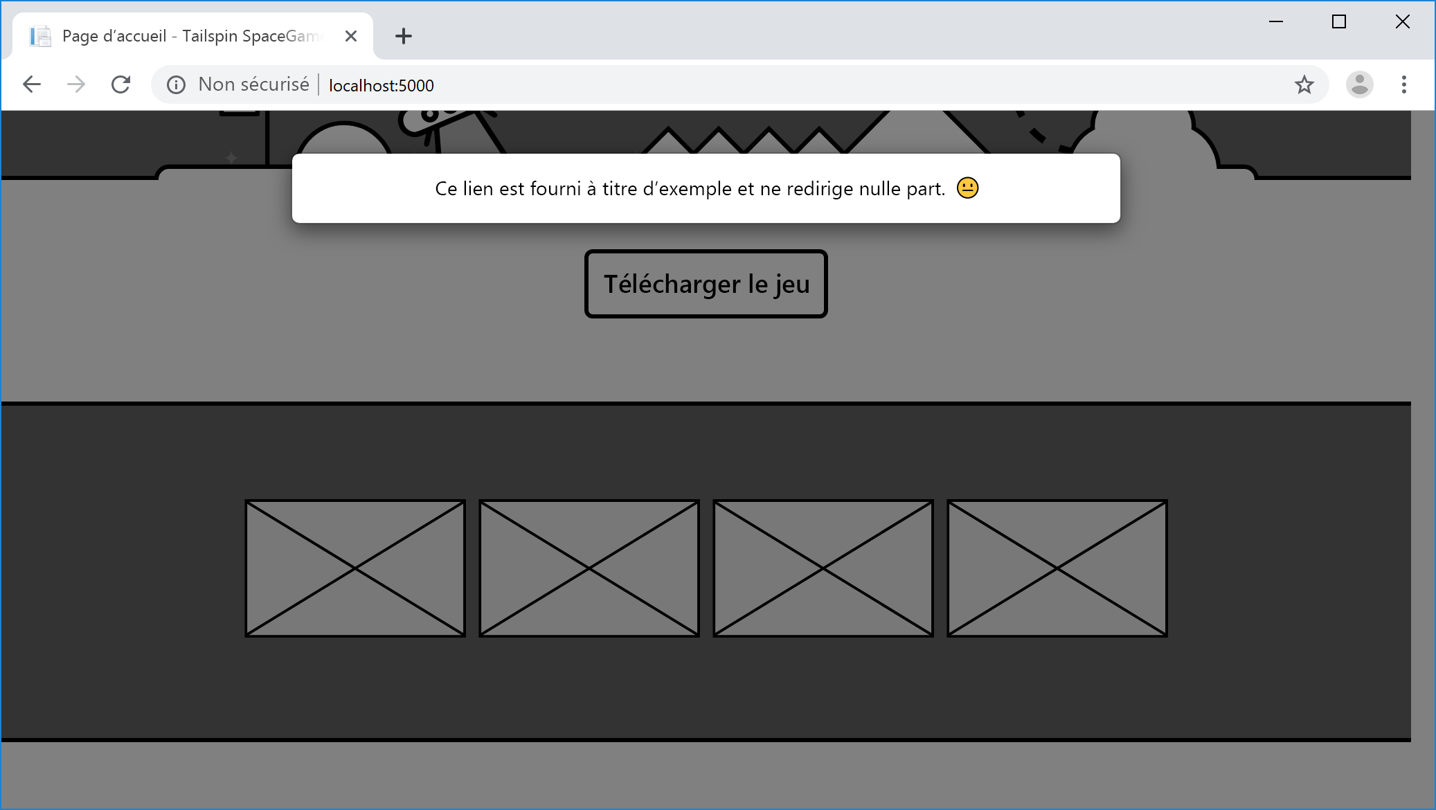 Capture d’écran d’un navigateur montrant la fenêtre modale Télécharger le jeu sur le site web Space Game.