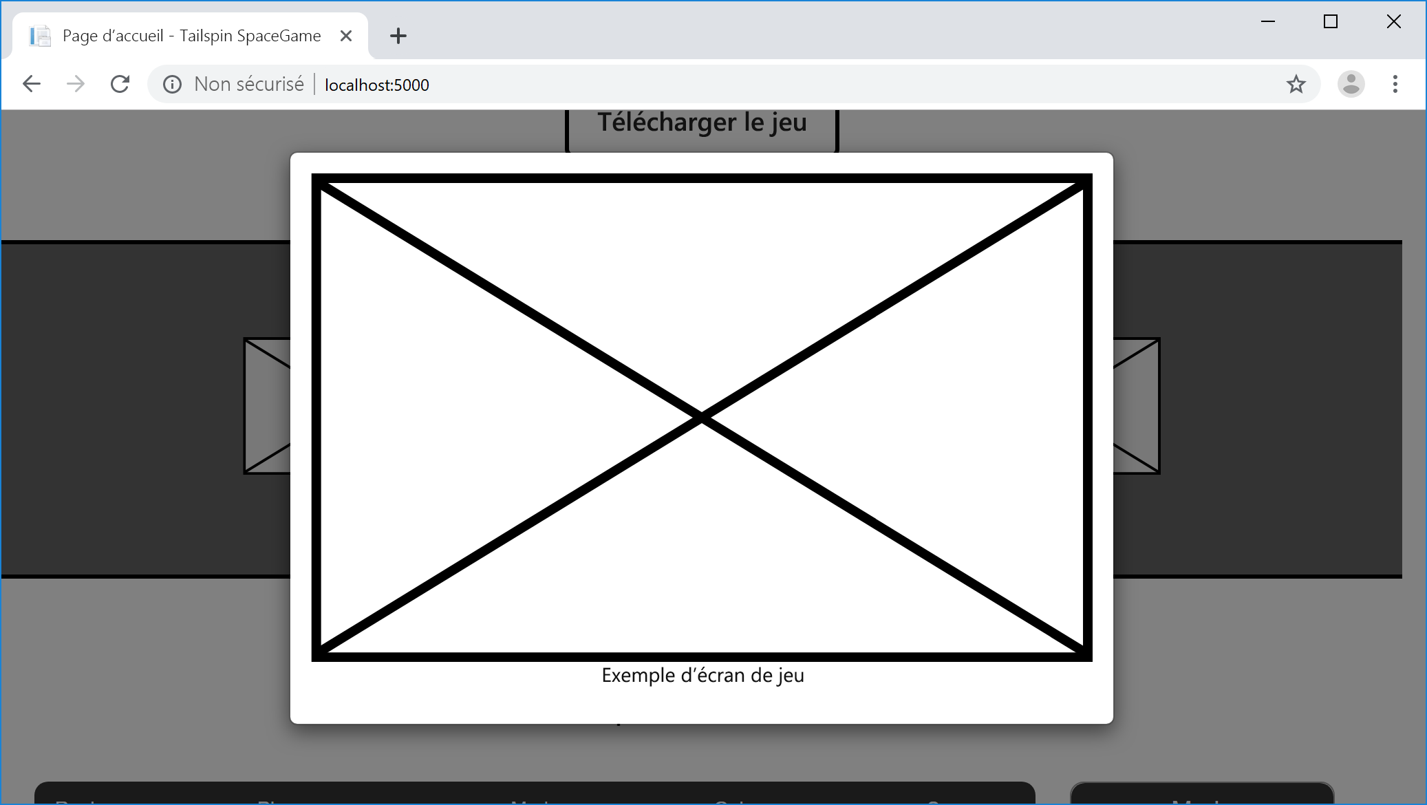 Capture d’écran d’un navigateur montrant la fenêtre modale de l’écran de jeu sur le site web Space Game.